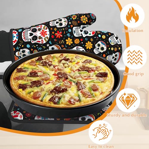 Day of The Dead Skull Mexican Oven Mitts and Pot Holders Set (4 Count)