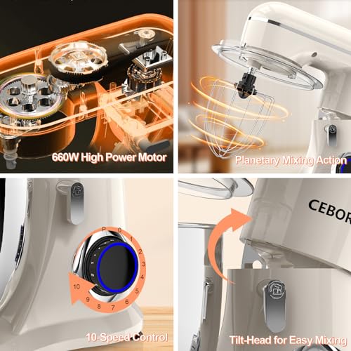 3-IN-1 Electric Stand Mixer, 6.5QT Bowl 660W 10-Speed Kitchen Mixer, Household Food Mixers include Dough Hook, Beater and Whisk, Bread Cake Mixer for Baking and Most Home Cooks, Almond Cream (Almond Cream)