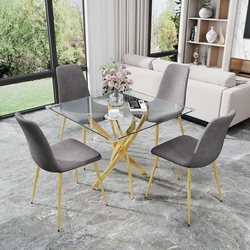 36" Square Glass Dining Table Set for 4 (Gold Square Table/Grey Velvet Chairs / 5 Pieces)