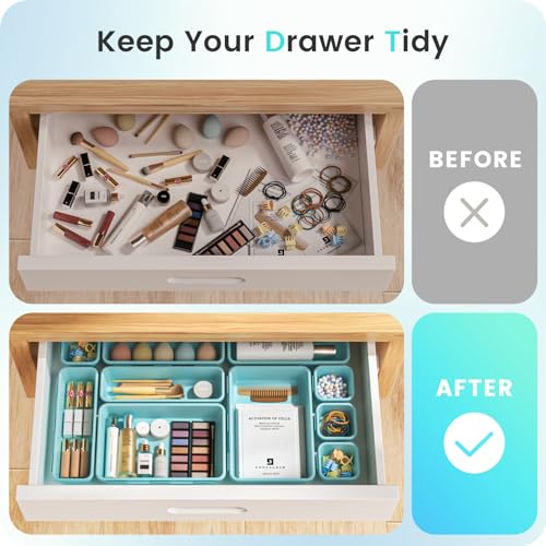 Military Grade】 Drawer Organizer for Vanity Bathroom Makeup Desk (Blue)