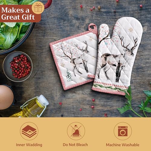 100% Cotton Oven Mitt & Pot Holder Set (116 - Rural Christmas / 7.5" x 13" & 8" x 8" (Oven Mitt & Pot Holder))