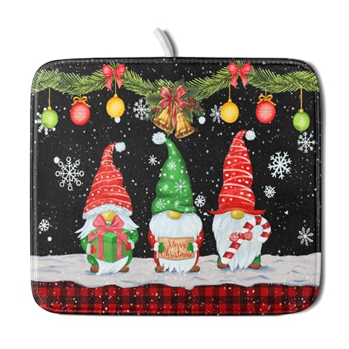 Merry Christmas Dish Drying Mat Black Gnomes Dish Drainer Mats 16x18 Inch Holiday Decorative Absorbent Dishes Pad for Kitchen Counter Sink (Christmas Black Gnomes / 16" x 18")