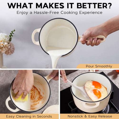 Enameled Cast Iron Saucepan Set (Cream White / 1+2 Quarts)