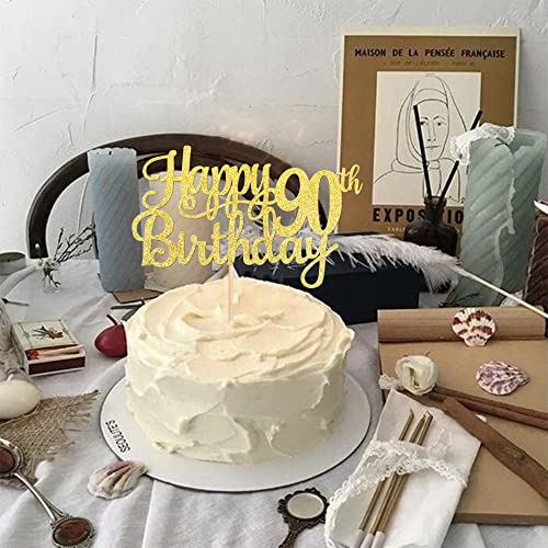 1 PCS Happy 90th Birthday Cake Topper Gold Glitter Cheers to 90 Years Birthday Cake Pick 90 Fabulous Cake Decoration for Happy 90th Birthday Theme Party Decorations Supplies (Gold / 90th)