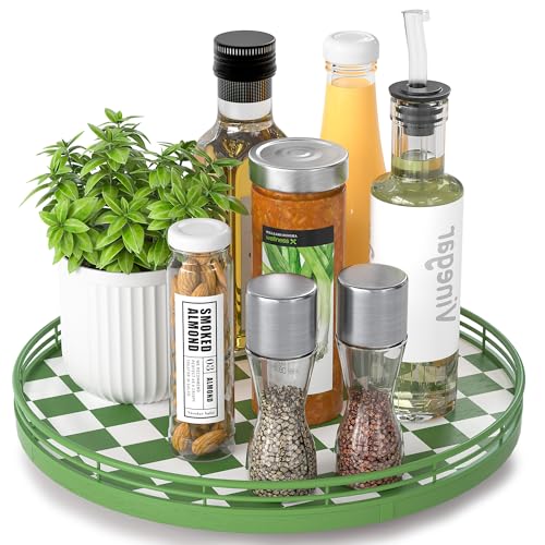 12 Inch Green and White Checkerboard Lazy Susan with Rubberwood Base (Green & White / 12 inches)
