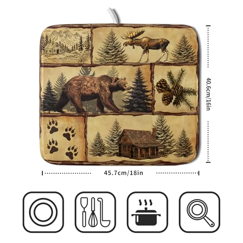 Vintage Bear Moose Dish Drying Mat 16x18 Inch Country Cabin Absorbent Dish Draining Mat Heat Resistant Drying Pad for Counter Sink Home (Vintage Bear Moose / 16" x 18")