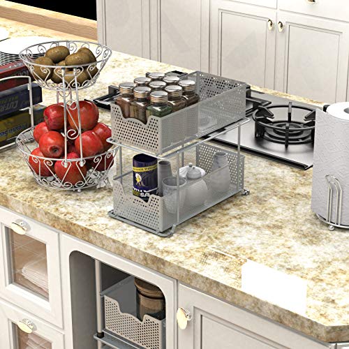 2 Tier Sliding Cabinet Basket Organizer Drawer (Silver / 1-Pack)