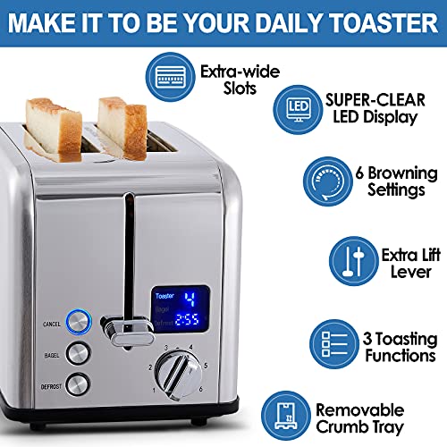 2 Slice Stainless Steel Toaster with Digital LED Display (Silver Stainless Steel / 2 Slice)