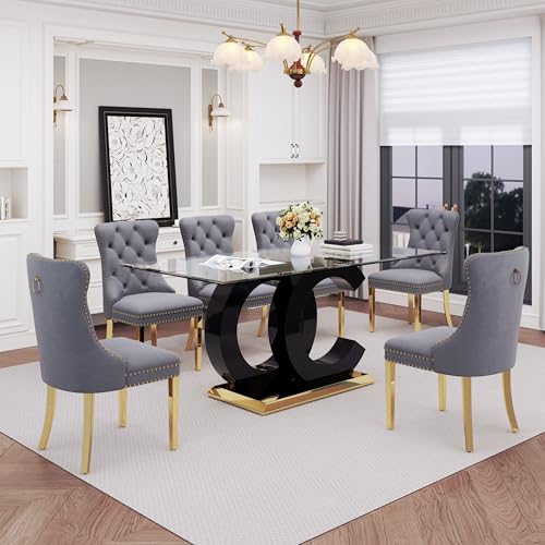 7 Piece Glass Dining Table Set for 6 (Black Table & Gold Grey Chair / 7-Piece Set-OC-Shaped Table)