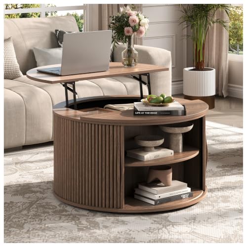 Round Lift Top Coffee Table with Storage (Rustic Walnut)