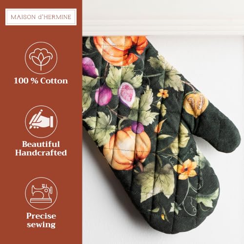 Maison d'Hermine Oven Gloves 100% Cotton Oven Mitt (026 - Pumpkin Garden - Dark Green / 7.5" x 13" (Oven Mitt))