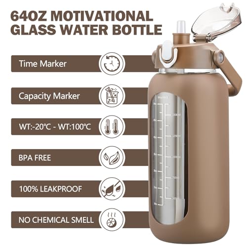 64oz Glass Water Bottles with Straw (Amber / 64 Ounces)