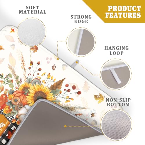 Autumn Pumpkin Dish Drying Mat 18x24 Inch Sunflower Flower Vase Washable Draining Mat with Hanging Loop Seasonal Holiday Home Decoration (Pumpkin Vase / 18" x 24")