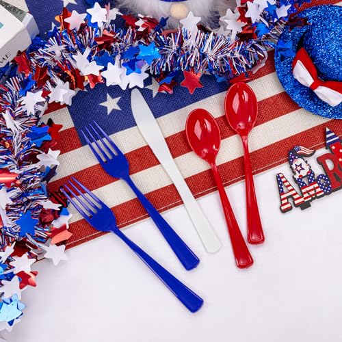 200Pcs 4th of July Red Blue Disposable Plastic Silverware (Blue White Red)