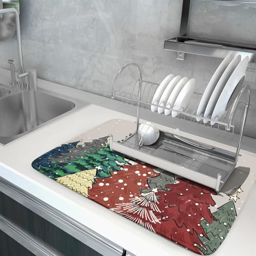 Christmas Trees Dish Drying Mat Winter Holiday Kitchen Dishes Pad 18x24 Inch Absorbent Reversible Fast Dry Draining Rack Pad for Countertop (Christmas Snow Trees / 18" x 24")