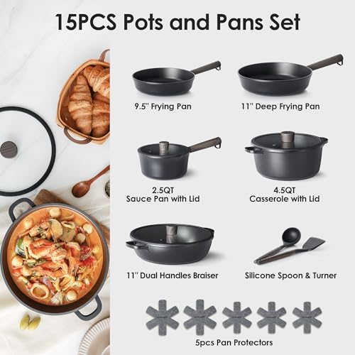 15Pcs Nonstick Cookware Set (Night Black / 15 Pieces)