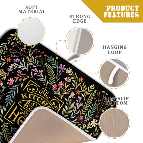 Absorbent Dish Drying Mat Colorful Flowers Microfiber Pad for Kitchen Counter Coffee Bar Decor 16" X 18" (Vintage Leaves Black / 18" x 16")