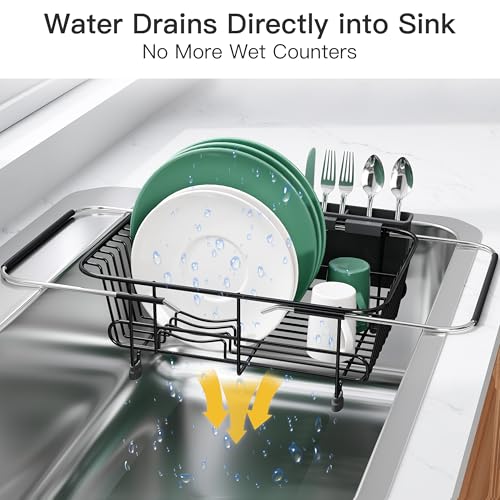 Black Dish Drying Rack in Sink with Utensil Holder (Black / For 10"-12"w Sink)