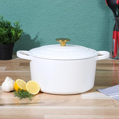 Artisan 5 Quart Round Dutch Oven (Matte Linen White w/ Gold Knob / 5-Quart)