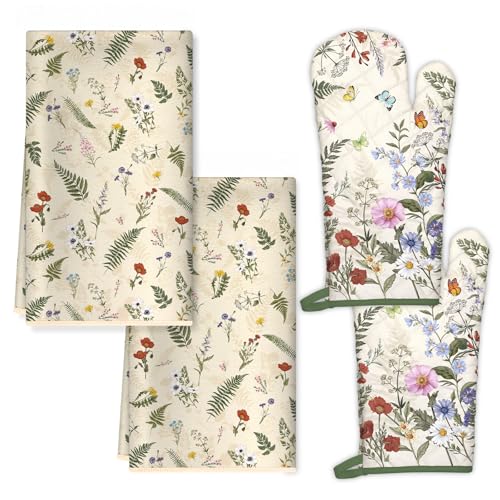 Rustic Flower Kitchen Towels and Oven Mitts Set 4Pcs (Flower)