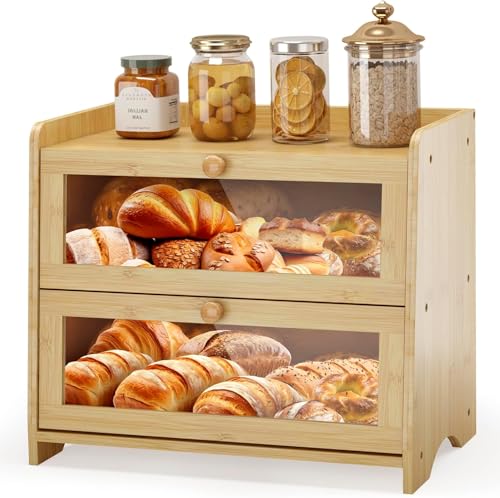 Double Layer Bread Box Container for Kitchen Countertop Homemade Bread (Natural Bamboo / 2 Tier-Large)