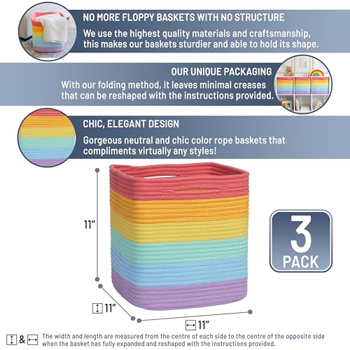 Storage Cubes 11 Inch Cotton Rope Woven Baskets for Organizing (Rainbow)