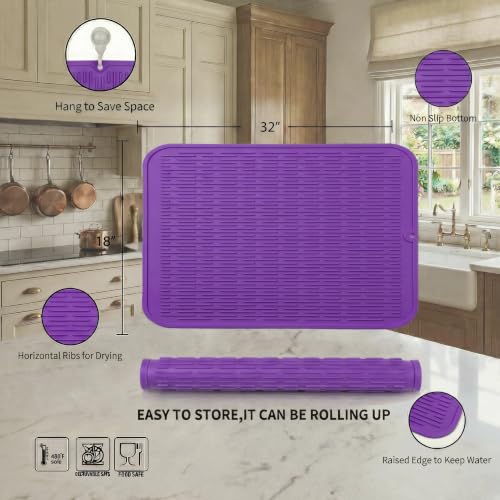 Silicone Dish Drying Mat for Multiple Usage (Purple / 32"L x 18"W)