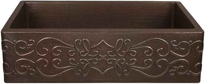 Premier Copper Products KASDB30229S 30-Inch Copper Hammered Kitchen Apron Single Basin Sink with Scroll Design, Oil Rubbed Bronze