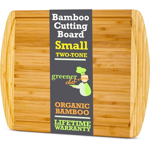 12 Inch Small Bamboo Cutting Board with Lifetime Replacements (Two-Tone / 12"L x 9"W)