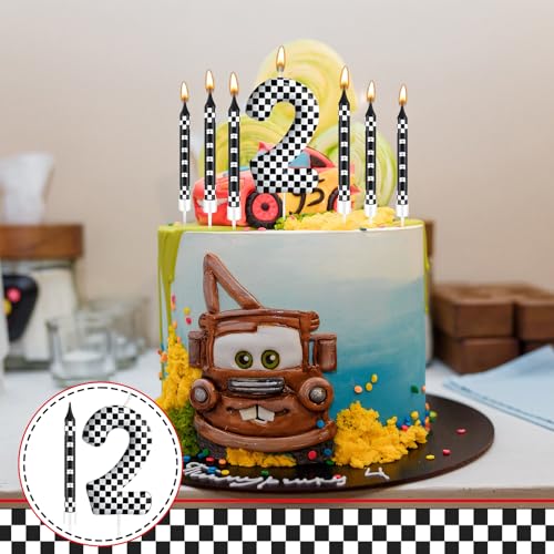 13 Pcs Racing Cars Themed Birthday Candles Black and White Race Number 2 Checkered Candle Cake Topper for Racing Car Party Decoration Supplies (13 Count)