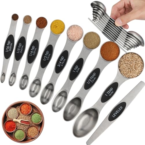 Magnetic Measuring Spoons Set of 9 Stainless Steel Dual Sided Teaspoon
