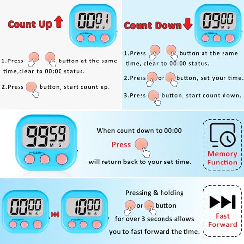 Digital Kitchen Classroom Timers for Kids Cooking 6pcs Blu Pk Pur (6 Count)