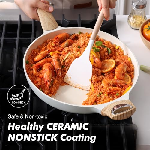 12.5inch Ceramic Nonstick Frying Pan Paella Pan with Lid (12.5 Inch / CREAM White)