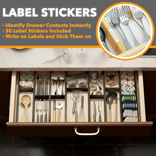 Bamboo Drawer Dividers with Inserts and Labels (2.35''H, 17''-22''L, 10 Dividers / BLACK)