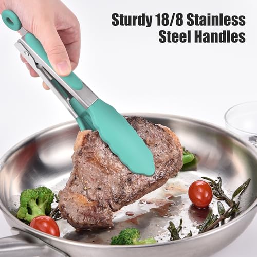 Kitchen Tongs with Silicone Tips for Cooking Serving (7in / Aqua Sky)