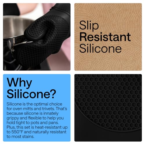BPA Free Silicone Oven Mitts and Pot Holders Set (Black / 12.5" Oven Mitts + 7" Trivets)