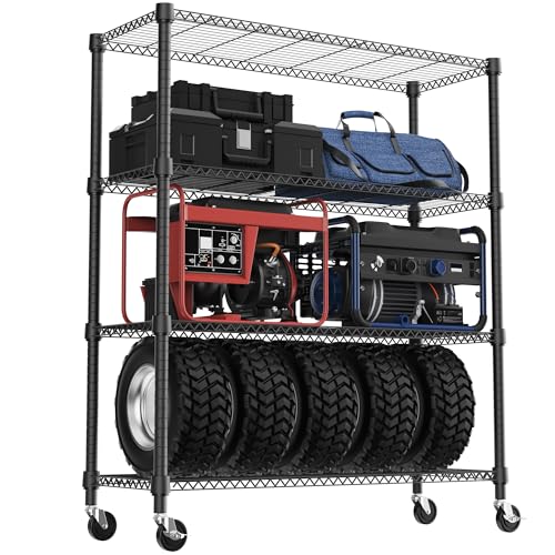 1400LBS 47.2" W 4 Tiers Storage Shelves Metal Shelving Unit with Wheels Heavy Duty Garage Shelving Adjustable Wire Shelves for Pantry (4 Tiers, 17.7"D x 47.2"W x 62.7"H / Black)