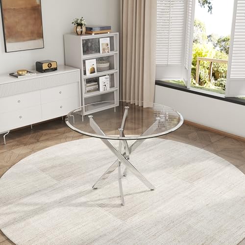 5 Piece Round Glass Dining Table Set (Round Table - 4 Silver Grey Chairs)