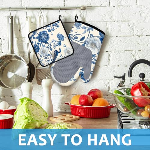 Blue Bird Blooming Flower Oven Mitts and Pot Holders Sets Heat Resistant 4Pcs Potholders Oven Gloves Hot Pads for Kitchen Baking Cooking Grilling BBQ (Bird Blooming Flower)