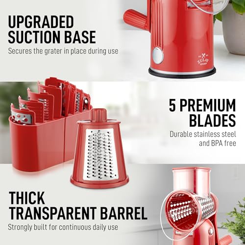 Rotary Cheese Grater Manual Hand Crank 5 Blade Shredder (5 Blades / Classic | Red)