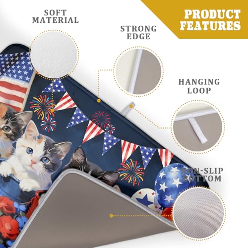 4th of July Drying Mat for Kitchen Counter 18 X 24 in Patriotic Printed Dish Drying Pad (Patriotic Cat Blue / 24" x 18")