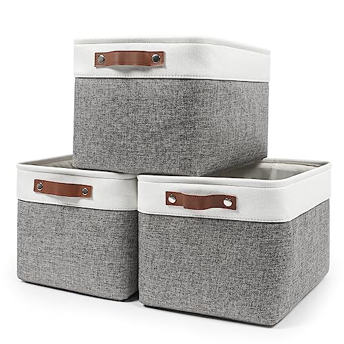 Storage Bins Large Fabric Storage Baskets for Shelves 3 Pack (Gray / Off-White / Large -15"x11"x9.5")