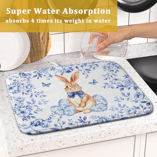 Vintage Microfiber Dish Drying Mat Blue Easter Floral Kitchen Drying Mats for Dishes 18 X 16 (Vintage Easter Blue / 18" x 16")