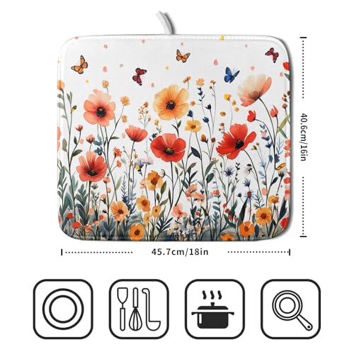 Poppy Flower Dish Drying Mat 16x18 Inch Floral Leaves Dish Drainer Protector Pad Washable Reversible Drying Pad for Kitchen Counter Sink (Poppy Flower / 16" x 18")