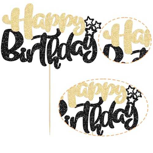 1Pcs Happy Birthday Cake Topper Glitter Cake Pick for Celebrating Anniversary Theme Party Cake Decorations Supplies Black Gold