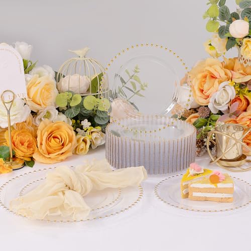 100pcs Clear Plastic Plates with Gold Beads for Bridal Showers (Clear and Gold Plastic Plates / 100PCS)