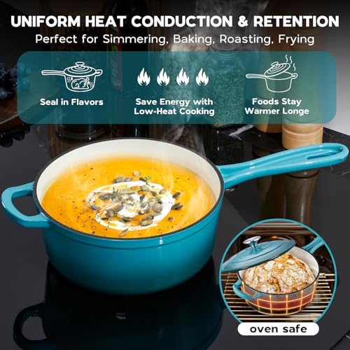3QT Enameled Cast Iron Saucepan with Lid (Dark Cyan / 3 Quarts)