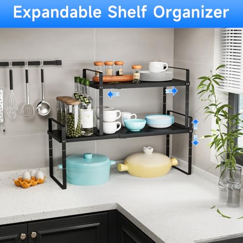 Expandable Cabinet Shelf Organizer (Black Large)