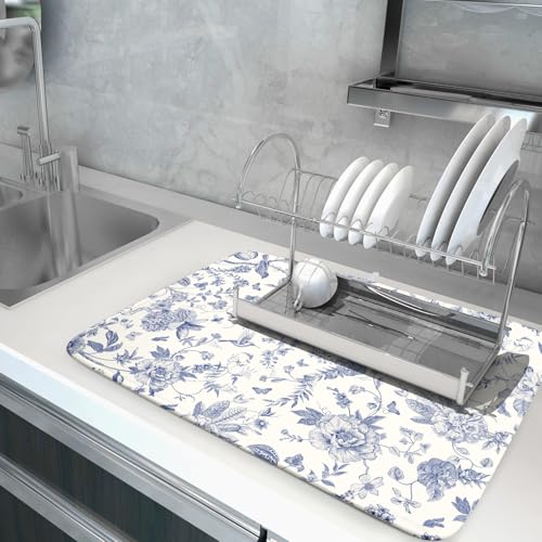 Chinoiserie Flower Dish Drying Mat Blue Leaves Dishes Drying Pad Reusable Washable Kitchen Countertop Protector Dish Drainer Mat 18x24 Inch (Chinoiserie Flower / 24" x 18")
