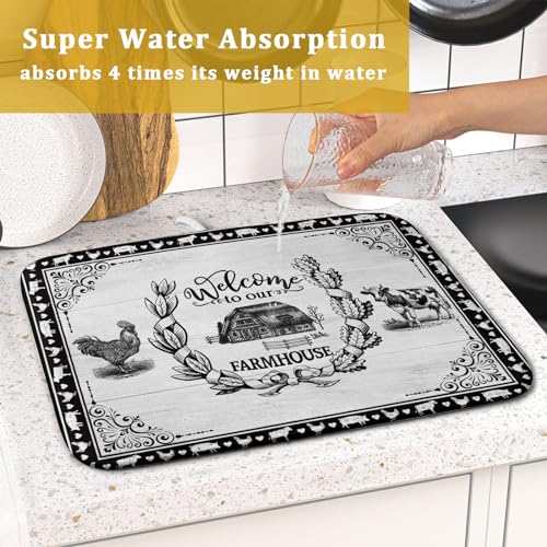 Farm Animal Dish Drying Mat 16x18 Inch Welcome to Our Farmhouse Microfiber Dish Drainer Pads Absorbent Fast Dry Kitchen Accessories (farm animal / 16" x 18")